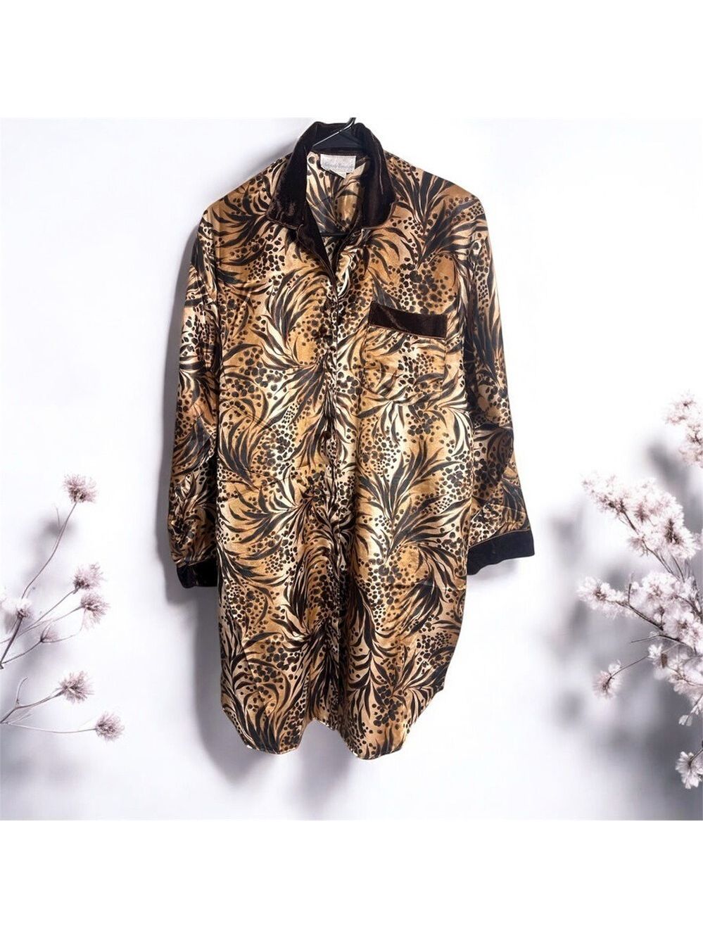 Leopard Animal Print Satin Pajama Button Down Sleep Shirt size M